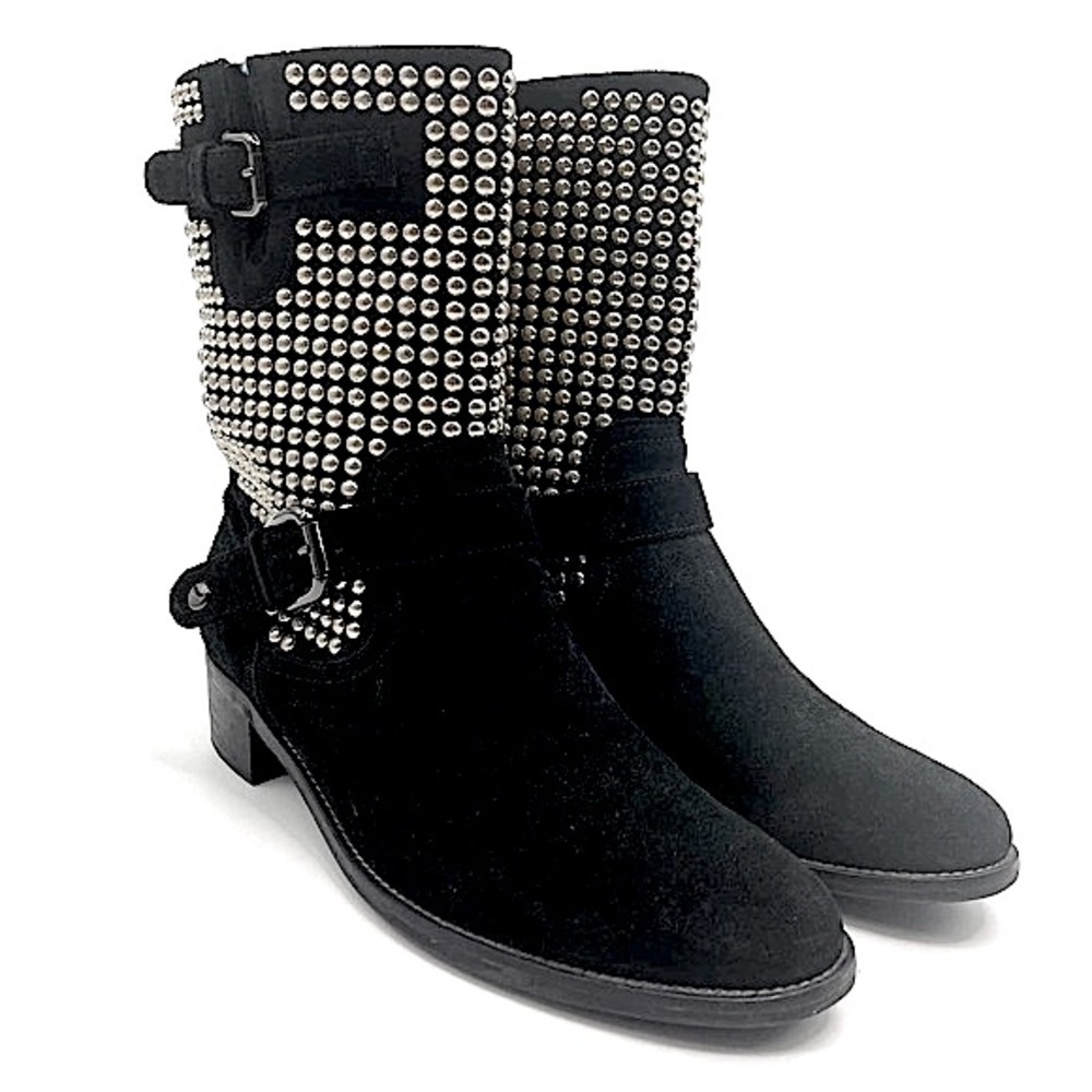 Aquatalia Motorcycle Suede Leather Studded Buckle Moto Boots